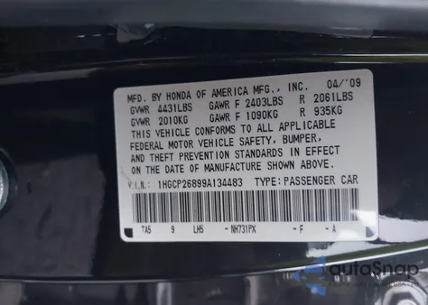 2009 Honda Accord 2.4 Ex-L z USA, uszkodzony, nr VIN 1HGCP26899A134483